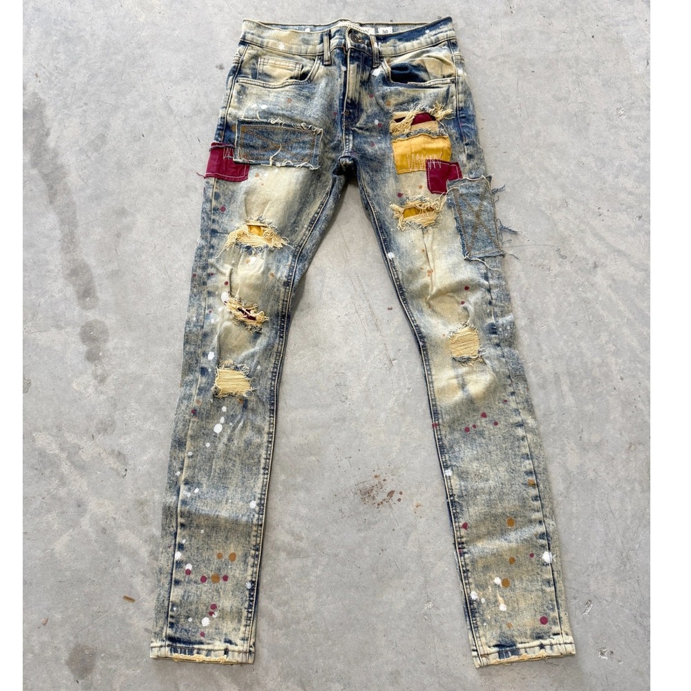 Evolution In Design Blue Jeans Mens 30 Distressed Paint Splatter Patchwork